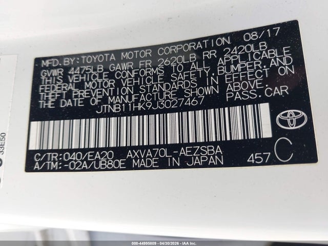 Продажа на аукционе авто 2018 Toyota Camry Se, vin: JTNB11HK9J3027467, номер лота: 44995809