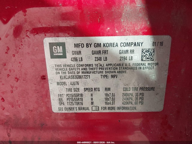 2016 Buick Encore მანქანა იყიდება აუქციონზე, vin: KL4CJASB3GB617271, აუქციონის ნომერი: 44995821