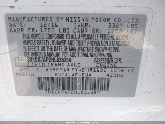 3N1CN7AP2HL835389 Nissan Versa 1.6 S