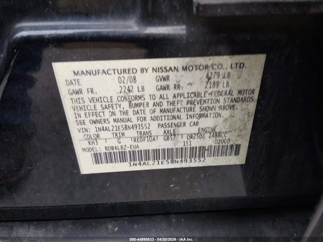 Продаж на аукціоні авто 2008 Nissan Altima 2.5 S, vin: 1N4AL21E58N493552, номер лоту: 44995833