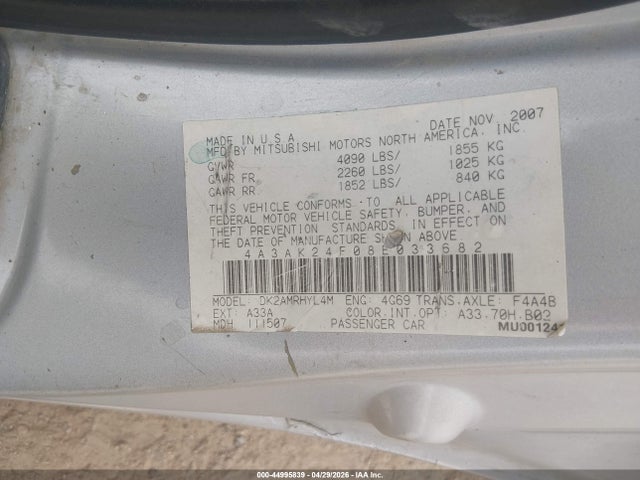 Aukcja sprzedaży 2008 Mitsubishi Eclipse Gs, vin: 4A3AK24F08E033682, numer aukcji: 44995839