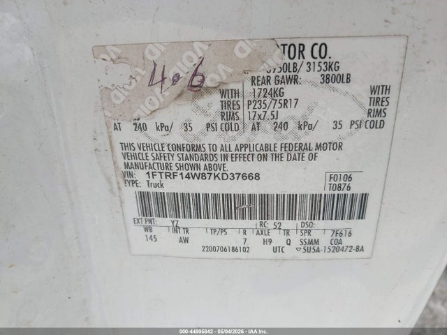 2007 Ford F-150 Stx/xl/xlt მანქანა იყიდება აუქციონზე, vin: 1FTRF14W87KD37668, აუქციონის ნომერი: 44995842