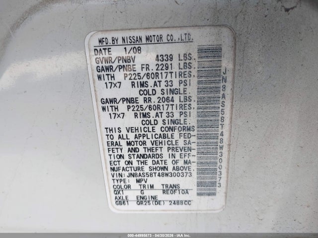 44995873 :رقم المزاد ، JN8AS58T48W300373 vin ، 2008 Nissan Rogue Sl مزاد بيع