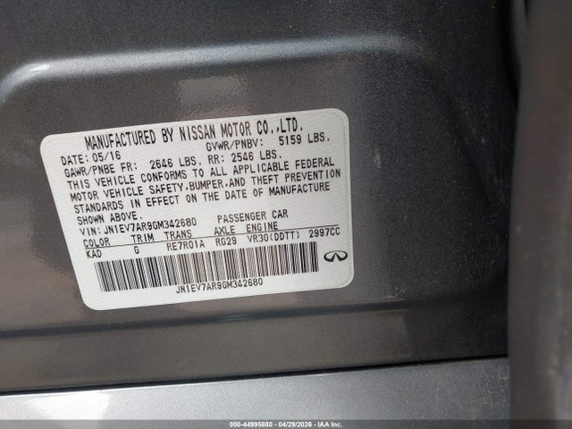 44995880 :رقم المزاد ، JN1EV7AR9GM342680 vin ، 2016 Infiniti Q50 3.0t Premium مزاد بيع