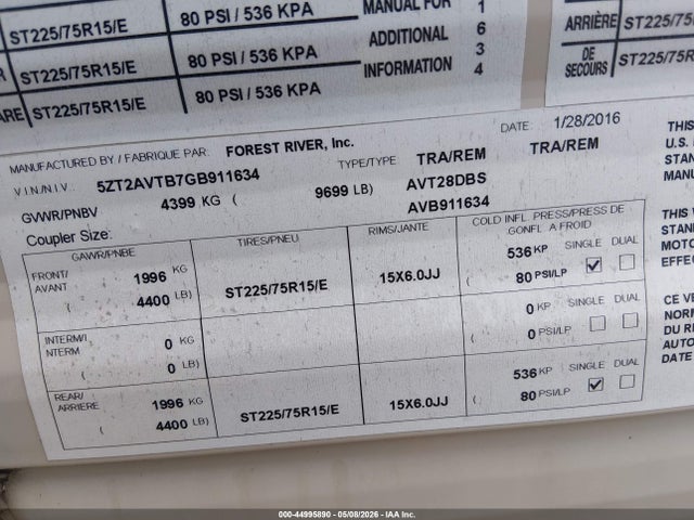 Продаж на аукціоні авто 2016 Forest River Avenger, vin: 5ZT2AVTB7GB911634, номер лоту: 44995890