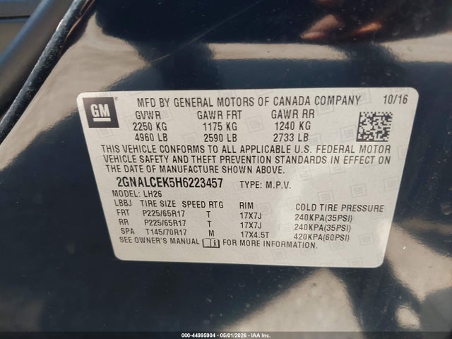 2017 Chevrolet Equinox Lt მანქანა იყიდება აუქციონზე, vin: 2GNALCEK5H6223457, აუქციონის ნომერი: 44995904