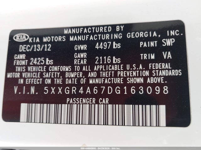 Продаж на аукціоні авто 2013 Kia Optima Sx, vin: 5XXGR4A67DG163098, номер лоту: 44995905