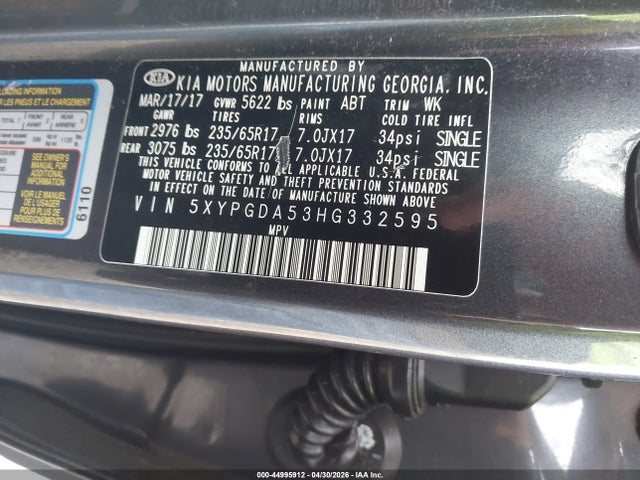 Aukcja sprzedaży 2017 Kia Sorento 3.3l Lx, vin: 5XYPGDA53HG332595, numer aukcji: 44995912