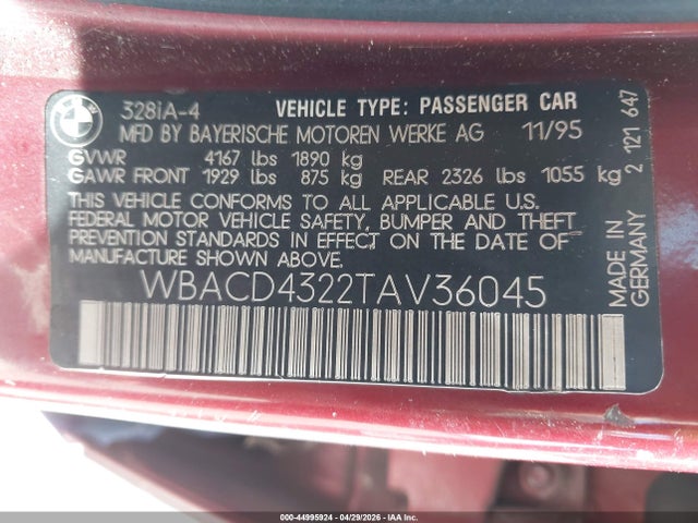 44995924 :رقم المزاد ، WBACD4322TAV36045 vin ، 1996 Bmw 328 I Automatic مزاد بيع