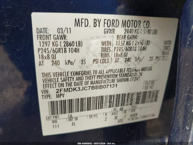 Aukcja sprzedaży 2011 Ford Edge Sel, vin: 2FMDK3JC7BBB07131, numer aukcji: 44995942