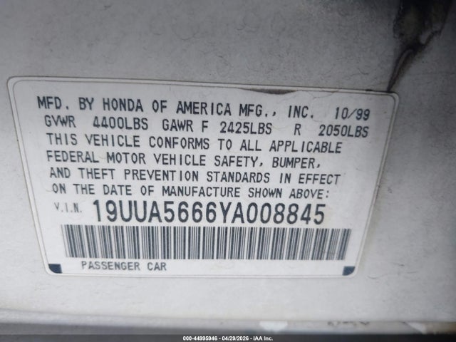 Aukcja sprzedaży 2000 Acura Tl 3.2, vin: 19UUA5666YA008845, numer aukcji: 44995946