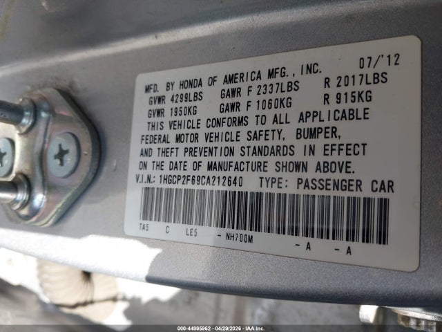 Aukcja sprzedaży 2012 Honda Accord 2.4 Se, vin: 1HGCP2F69CA212640, numer aukcji: 44995962