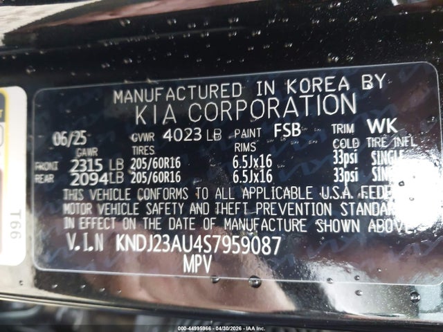 Aukcja sprzedaży 2025 Kia Soul S, vin: KNDJ23AU4S7959087, numer aukcji: 44995966
