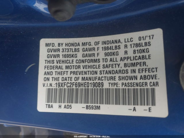 Aukcja sprzedaży 2017 Honda Civic Lx, vin: 19XFC2F69HE019089, numer aukcji: 44995967