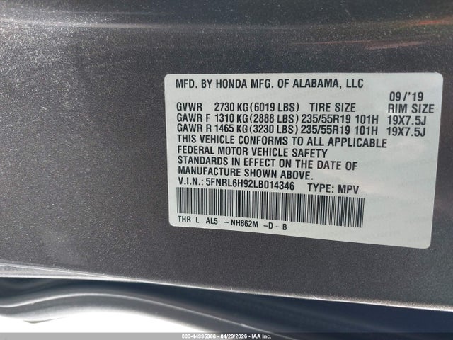 2020 Honda Odyssey Elite მანქანა იყიდება აუქციონზე, vin: 5FNRL6H92LB014346, აუქციონის ნომერი: 44995968