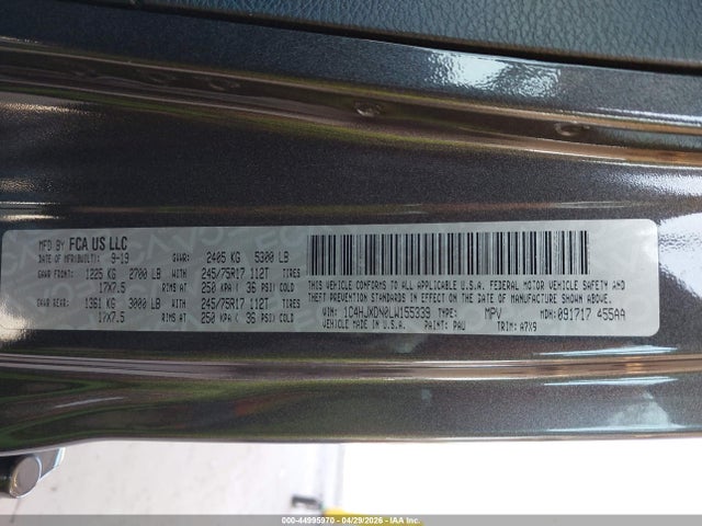 44995970 :رقم المزاد ، 1C4HJXDN0LW155339 vin ، 2020 Jeep Wrangler Unlimited Sport S 4x4 مزاد بيع