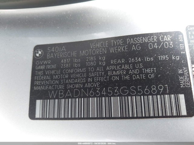 Aukcja sprzedaży 2003 Bmw 540ia, vin: WBADN63453GS56891, numer aukcji: 44995972