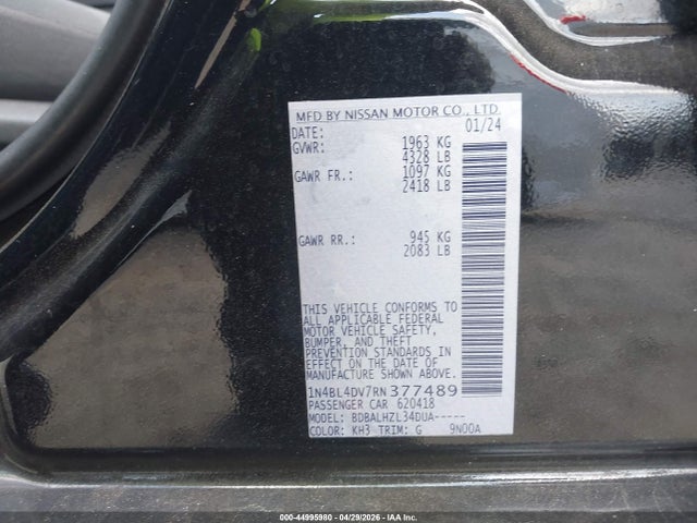 2024 Nissan Altima Sv Fwd მანქანა იყიდება აუქციონზე, vin: 1N4BL4DV7RN377489, აუქციონის ნომერი: 44995980