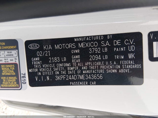 Продажа на аукционе авто 2021 Kia Forte Lxs, vin: 3KPF24AD7ME343656, номер лота: 44995991