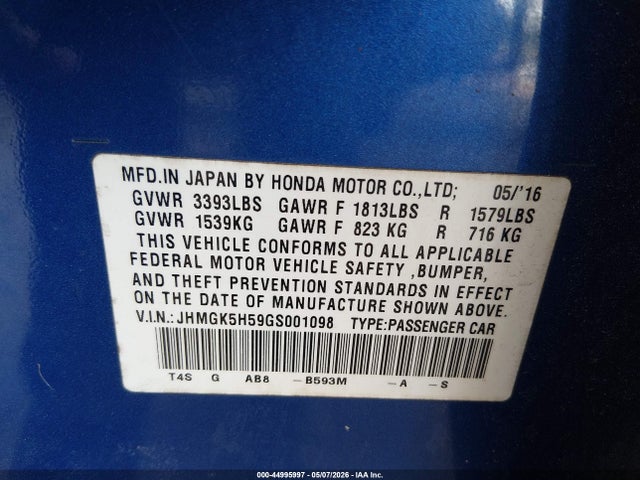 44995997 :رقم المزاد ، JHMGK5H59GS001098 vin ، 2016 Honda Fit Lx مزاد بيع