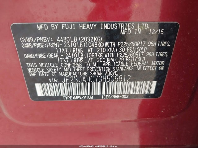 Продаж на аукціоні авто 2016 Subaru Forester 2.5i Premium, vin: JF2SJADC7GH506812, номер лоту: 44996001