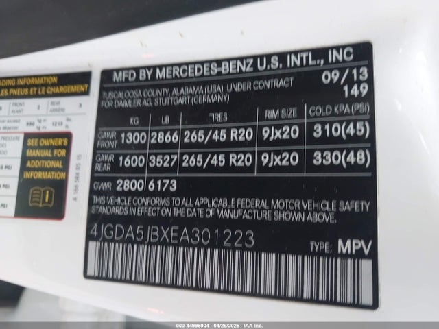 44996004 :رقم المزاد ، 4JGDA5JBXEA301223 vin ، 2014 Mercedes-benz Ml 350 مزاد بيع