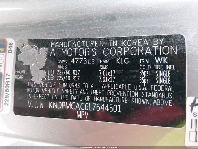 Aukcja sprzedaży 2020 Kia Sportage Lx, vin: KNDPMCAC6L7644501, numer aukcji: 44996005