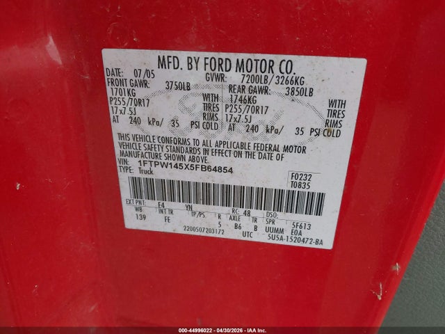 Продажа на аукционе авто 2005 Ford F-150 Fx4/lariat/xlt, vin: 1FTPW145X5FB64854, номер лота: 44996022