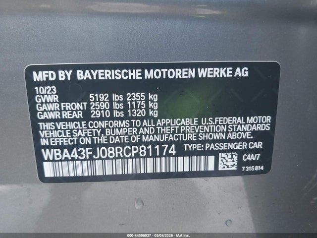 2024 Bmw 530i მანქანა იყიდება აუქციონზე, vin: WBA43FJ08RCP81174, აუქციონის ნომერი: 44996037