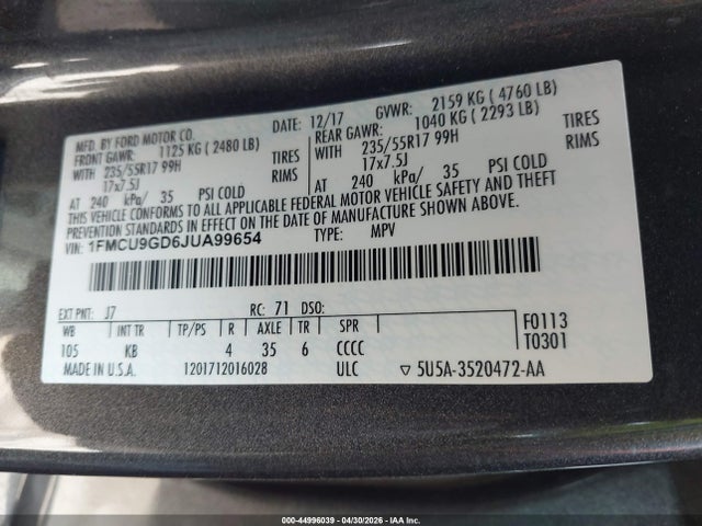 Ford ESCAPE SE 2018 1FMCU9GD6JUA99654 Image 9