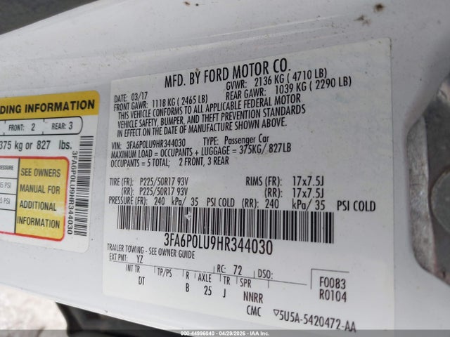 Aukcja sprzedaży 2017 Ford Fusion Hybrid Se, vin: 3FA6P0LU9HR344030, numer aukcji: 44996040