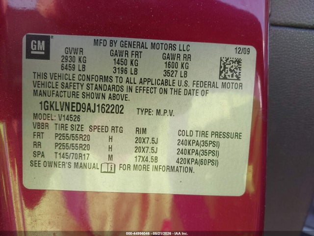 2010 Gmc Acadia Slt-2 მანქანა იყიდება აუქციონზე, vin: 1GKLVNED9AJ162202, აუქციონის ნომერი: 44996046