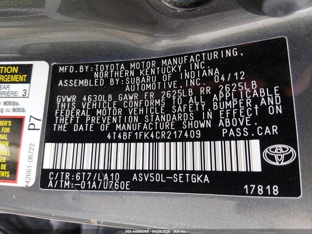 Продаж на аукціоні авто 2012 Toyota Camry Xle, vin: 4T4BF1FK4CR217409, номер лоту: 44996069