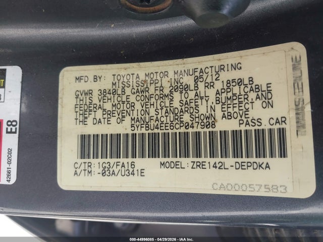 Продаж на аукціоні авто 2012 Toyota Corolla L, vin: 5YFBU4EE6CP047908, номер лоту: 44996085