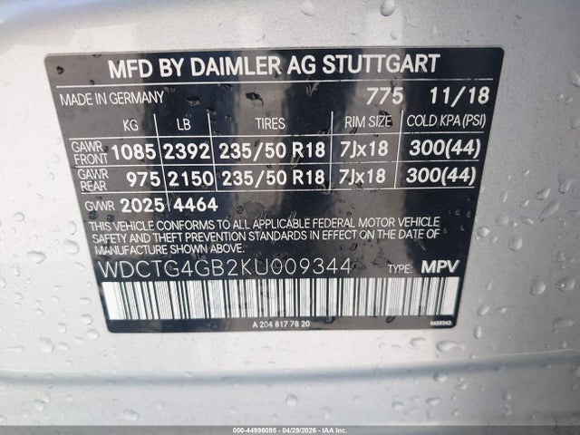 WDCTG4GB2KU009344 Mercedes-Benz Gla 250 4matic