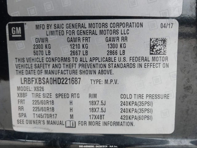 Auction sale of the 2017 Buick Envision Essence, vin: LRBFXBSA0HD221687, lot number: 44996098