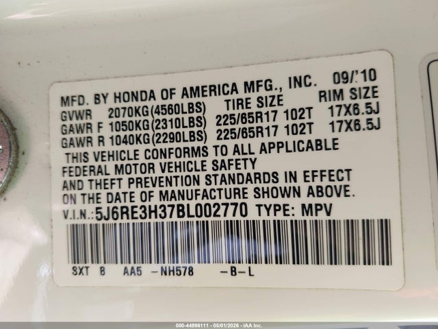 Продаж на аукціоні авто 2011 Honda Cr-v Lx, vin: 5J6RE3H37BL002770, номер лоту: 44996111