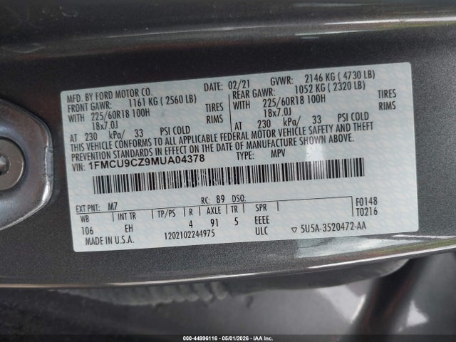 Продаж на аукціоні авто 2021 Ford Escape Sel Hybrid, vin: 1FMCU9CZ9MUA04378, номер лоту: 44996116