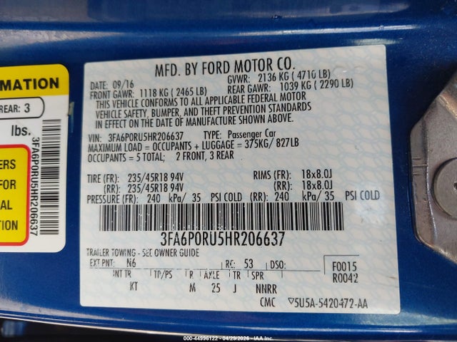 Aukcja sprzedaży 2017 Ford Fusion Hybrid Titanium, vin: 3FA6P0RU5HR206637, numer aukcji: 44996122