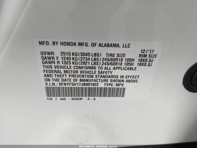5FNYF5H17JB001922 Honda PILOT LX