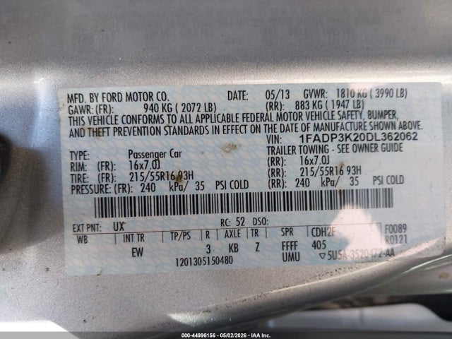 2013 Ford Focus Se მანქანა იყიდება აუქციონზე, vin: 1FADP3K20DL362062, აუქციონის ნომერი: 44996156