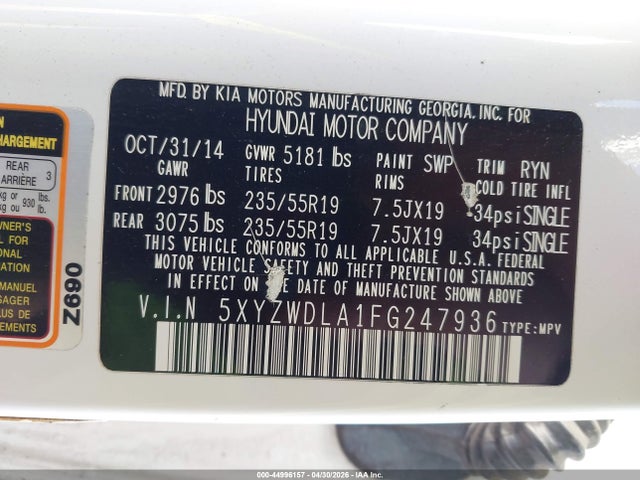 Продажа на аукционе авто 2015 Hyundai Santa Fe Sport 2.0l Turbo, vin: 5XYZWDLA1FG247936, номер лота: 44996157