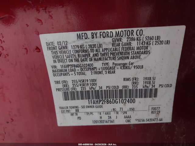 Aukcja sprzedaży 2013 Ford Taurus Limited, vin: 1FAHP2F86DG102400, numer aukcji: 44996164