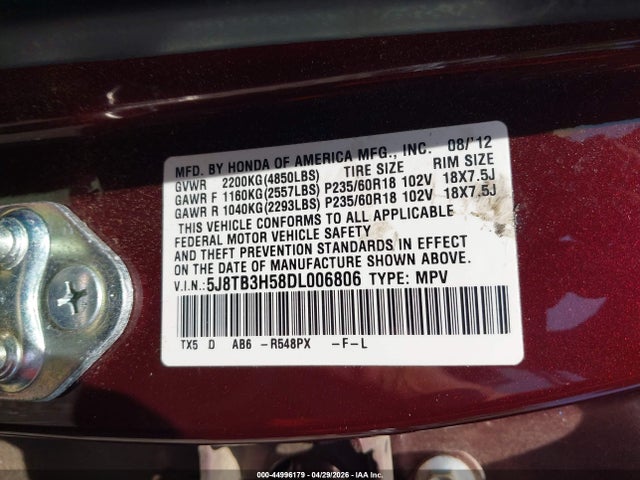 44996179 :رقم المزاد ، 5J8TB3H58DL006806 vin ، 2013 Acura Rdx مزاد بيع