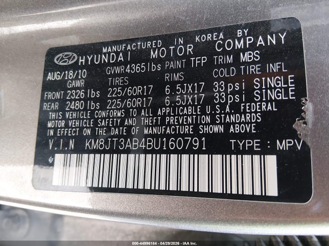 44996184 :رقم المزاد ، KM8JT3AB4BU160791 vin ، 2011 Hyundai Tucson Gl مزاد بيع