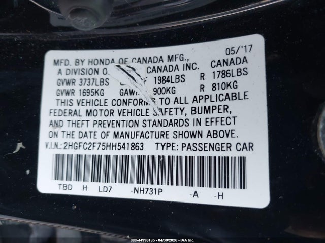 Aukcja sprzedaży 2017 Honda Civic Ex, vin: 2HGFC2F75HH541863, numer aukcji: 44996185