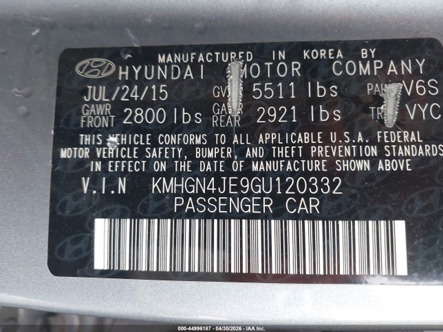 2016 Hyundai Genesis 3.8 მანქანა იყიდება აუქციონზე, vin: KMHGN4JE9GU120332, აუქციონის ნომერი: 44996187