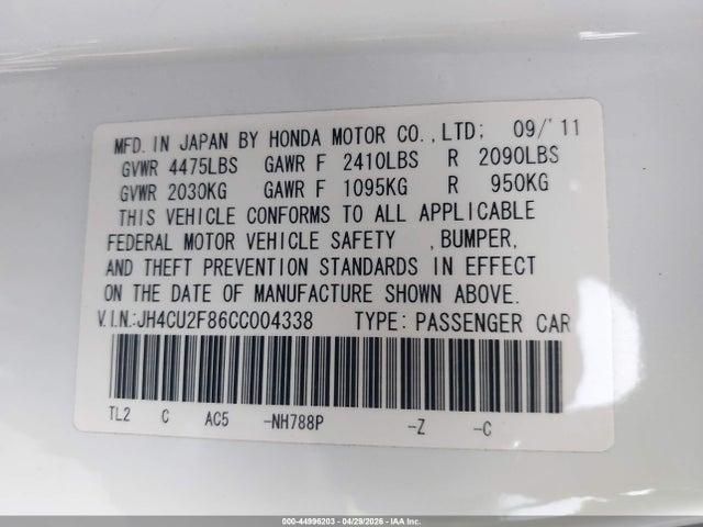 44996203 :رقم المزاد ، JH4CU2F86CC004338 vin ، 2012 Acura Tsx 2.4 مزاد بيع
