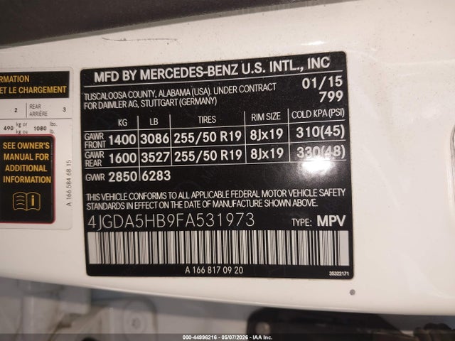 44996216 :رقم المزاد ، 4JGDA5HB9FA531973 vin ، 2015 Mercedes-benz Ml 350 4matic مزاد بيع