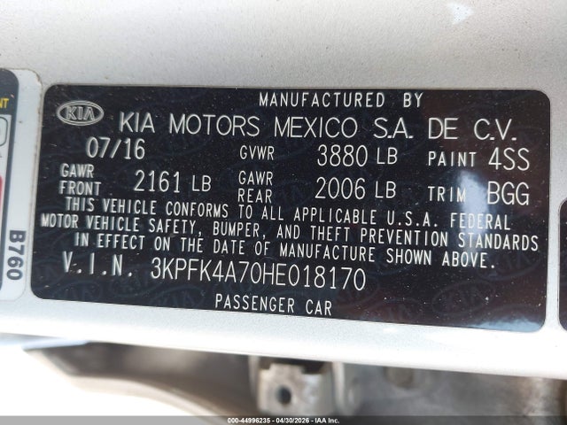 2017 Kia Forte Lx მანქანა იყიდება აუქციონზე, vin: 3KPFK4A70HE018170, აუქციონის ნომერი: 44996235